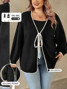 SHEIN CURVE+ Plus Size Women's Colorblock Casual Versatile Daily Wear Cardigan - Black - View 1