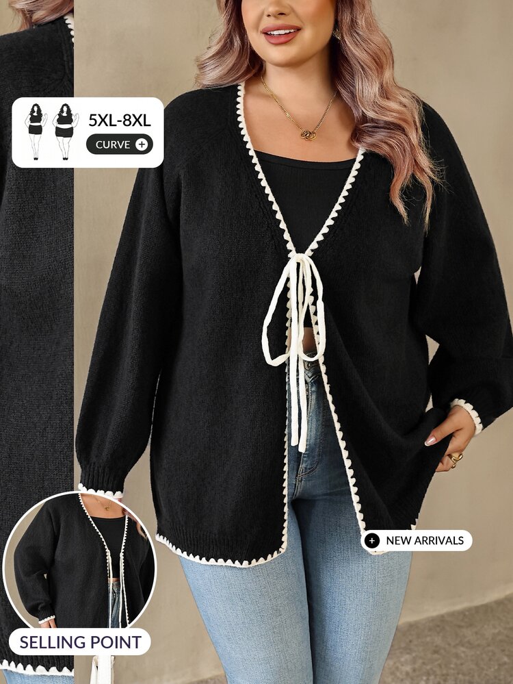 SHEIN CURVE+ 大尺碼女款拼色休閒百搭日常開襟衫 - 黑色 - 查看 1