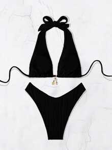 SHEIN Swim 純色頸後綁帶比基尼套裝，適用於夏季海灘 - 黑色 - 查看 2