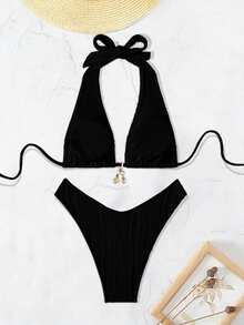 SHEIN Swim 純色頸後綁帶比基尼套裝，適用於夏季海灘 - 黑色 - 查看 3