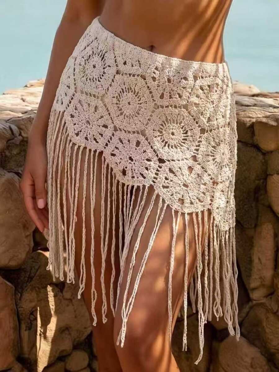 Sirith New Short Solid Color Hollow Out Skirt For Beach Vacation Vacation Beige Summer Tropical Boho - Apricot - View 1