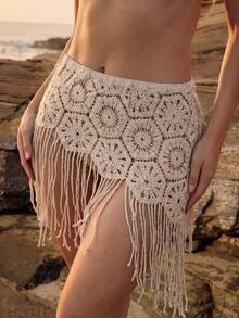 Sirith New Short Solid Color Hollow Out Skirt For Beach Vacation Vacation Beige Summer Tropical Boho - Apricot - View 3