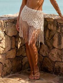 Sirith New Short Solid Color Hollow Out Skirt For Beach Vacation Vacation Beige Summer Tropical Boho - Apricot - View 4