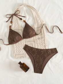 Swim Vcay Women Solid Color Spaghetti Strap Beaded Decor Tie Back Triangle Bikini 2 Pieces Swimwear - Coffee Brown - View 3