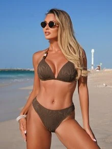 Swim Vcay Women Solid Color Spaghetti Strap Beaded Decor Tie Back Triangle Bikini 2 Pieces Swimwear - Coffee Brown - View 6
