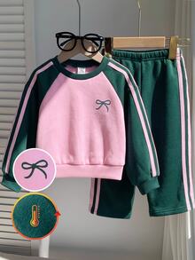 SHEIN Baby Girl Knitted Colorblock Crew Neck Bow Pattern Casual Sweatshirt And Long Pants 2 Pieces Set - Multicolor - View 3