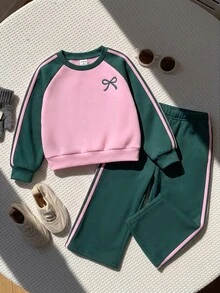 SHEIN Baby Girl Knitted Colorblock Crew Neck Bow Pattern Casual Sweatshirt And Long Pants 2 Pieces Set - Multicolor - View 4