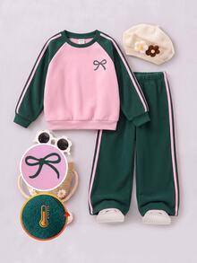 SHEIN Baby Girl Knitted Colorblock Crew Neck Bow Pattern Casual Sweatshirt And Long Pants 2 Pieces Set - Multicolor - View 5