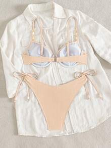 Swim Chiccia 2件組女款素色鋼圈式細肩帶珍珠裝飾三角泳褲側綁泳衣套裝 - 米色 - 查看 4