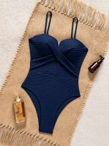 SHEIN Swim 女士夏季沙滩度假纯色纹理面料镂空无钢圈带衬垫连体泳衣 - 藏蓝色 - 查看 5
