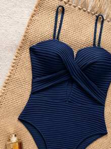 SHEIN Swim 女士夏季沙滩度假纯色纹理面料镂空无钢圈带衬垫连体泳衣 - 藏蓝色 - 查看 4