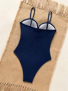 SHEIN Swim 女士夏季沙滩度假纯色纹理面料镂空无钢圈带衬垫连体泳衣 - 藏蓝色 - 查看 2