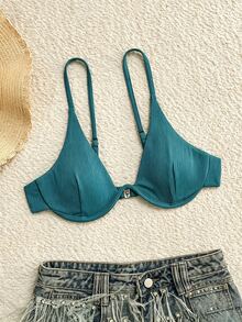 SHEIN Swim SXY 度假海灘比基尼泳衣上衣 有鋼圈 藍綠色 夏季熱帶風 - 水鴨藍 - 查看 4