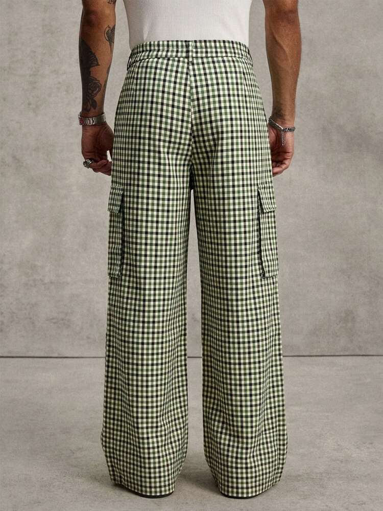 PAVTROS Men's Young Street Style, INS Multi-Functional Item: Plaid Cargo Multi-Pocket Long Pants - Green - View 2