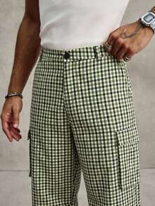 PAVTROS Men's Young Street Style, INS Multi-Functional Item: Plaid Cargo Multi-Pocket Long Pants - Green - View 4