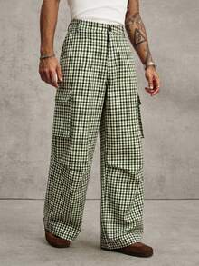 PAVTROS Men's Young Street Style, INS Multi-Functional Item: Plaid Cargo Multi-Pocket Long Pants - Green - View 3