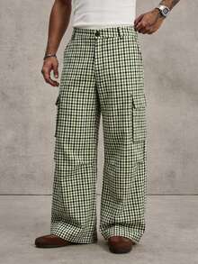 PAVTROS Men's Young Street Style, INS Multi-Functional Item: Plaid Cargo Multi-Pocket Long Pants - Green - View 1