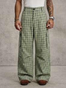 PAVTROS Men's Young Street Style, INS Multi-Functional Item: Plaid Cargo Multi-Pocket Long Pants - Green - View 6