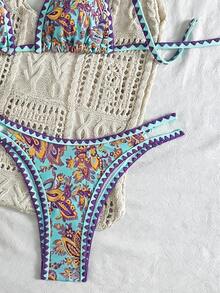 SHEIN Swim 女款熱帶植物印花性感比基尼兩件式泳衣套裝，適合夏季海灘度假 - 彩色 - 查看 5