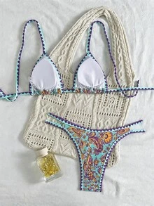 SHEIN Swim 女款熱帶植物印花性感比基尼兩件式泳衣套裝，適合夏季海灘度假 - 彩色 - 查看 2