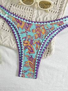 SHEIN Swim 女款熱帶植物印花性感比基尼兩件式泳衣套裝，適合夏季海灘度假 - 彩色 - 查看 4