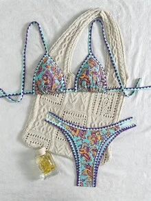 SHEIN Swim 女款熱帶植物印花性感比基尼兩件式泳衣套裝，適合夏季海灘度假 - 彩色 - 查看 1