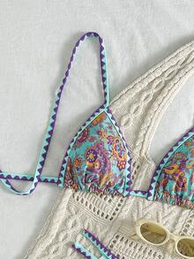 SHEIN Swim 女款熱帶植物印花性感比基尼兩件式泳衣套裝，適合夏季海灘度假 - 彩色 - 查看 3