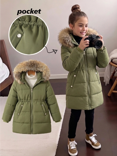 SHEIN Elladie kids Palton căptușit pentru fete tween, verde armată, croială casual, călduros pentru toamnă/iarnă, la modă și versatil, cu glugă, fermoar, larg, gros, pentru zi de zi, stil street, toamnă