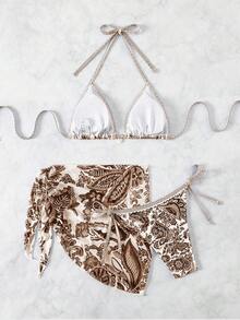 SHEIN Swim 女式夏季度假花卉印花吊带比基尼套装（含罩衫和裙子）3 件套，随机印花 - 彩色 - 查看 2