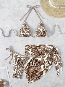 SHEIN Swim 女式夏季度假花卉印花吊带比基尼套装（含罩衫和裙子）3 件套，随机印花 - 彩色 - 查看 1