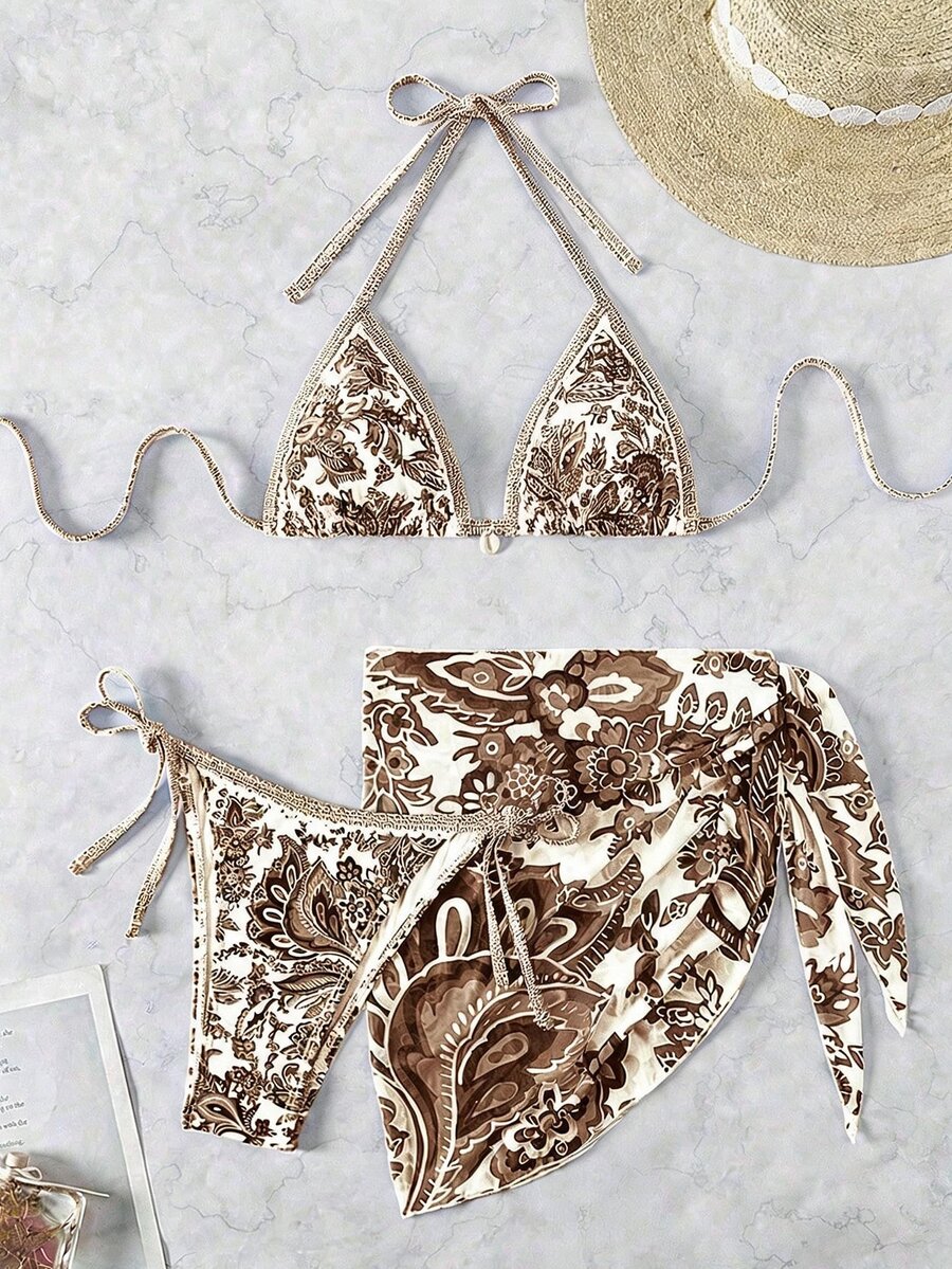 SHEIN Swim 女式夏季度假花卉印花吊带比基尼套装(含罩衫和裙子)3 件套,随机印花 - 彩色 - 查看 1
