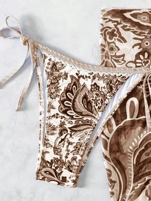 SHEIN Swim 女式夏季度假花卉印花吊带比基尼套装（含罩衫和裙子）3 件套，随机印花 - 彩色 - 查看 4