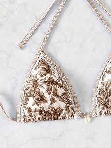SHEIN Swim 女式夏季度假花卉印花吊带比基尼套装（含罩衫和裙子）3 件套，随机印花 - 彩色 - 查看 3