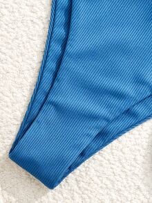 SHEIN Swim 女式夏季海滩纯色性感比基尼套装，带短款上衣和裙子，3 件套，带钢圈 - 霧霾藍 - 查看 3