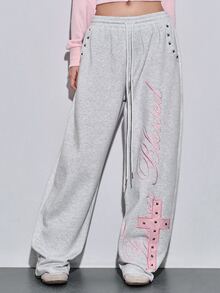 ROMWE Y2K Street Style Cool Sweet Spicy English Embroidery Cross Pattern Rivet Decor Loose Women's Sweatpants - Light Grey - View 6