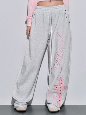 Y2K Street Style Cool Sweet Spicy English Embroidery Cross Pattern Rivet Decor Loose Women's Sweatpants