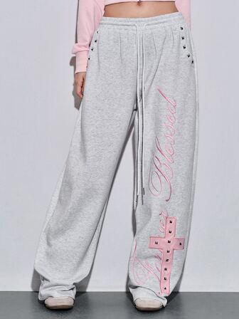 Y2K Street Style Cool Sweet Spicy English Embroidery Cross Pattern Rivet Decor Loose Women's Sweatpants