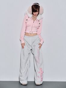 ROMWE Y2K Street Style Cool Sweet Spicy English Embroidery Cross Pattern Rivet Decor Loose Women's Sweatpants - Light Grey - View 9