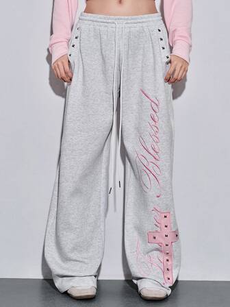 Y2K Street Style Cool Sweet Spicy English Embroidery Cross Pattern Rivet Decor Loose Women's Sweatpants