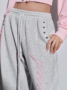 ROMWE Y2K Street Style Cool Sweet Spicy English Embroidery Cross Pattern Rivet Decor Loose Women's Sweatpants - Light Grey - View 8