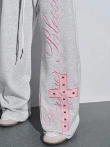 ROMWE Y2K Street Style Cool Sweet Spicy English Embroidery Cross Pattern Rivet Decor Loose Women's Sweatpants - Light Grey - View 7