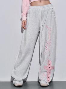 ROMWE Y2K Street Style Cool Sweet Spicy English Embroidery Cross Pattern Rivet Decor Loose Women's Sweatpants - Light Grey - View 5