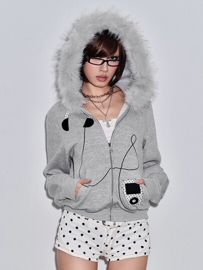 Sudadera versátil para mujer de otoño/invierno con cuello de piel sintética, bordado de parche, diseño de auriculares con cable de sonido electrónico retro Y2K y frente abierta