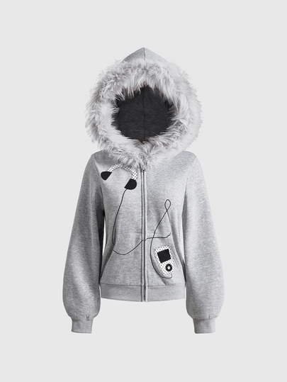 Sudadera versátil para mujer de otoño/invierno con cuello de piel sintética, bordado de parche, diseño de auriculares con cable de sonido electrónico retro Y2K y frente abierta