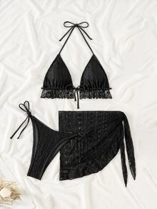 Swim Mod 3pcs Black Halter Triangle Cup Sexy Tropical Bikini Set For Women Summer Beach Party - Black - View 4