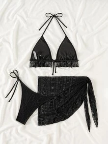 Swim Mod 3pcs Black Halter Triangle Cup Sexy Tropical Bikini Set For Women Summer Beach Party - Black - View 5