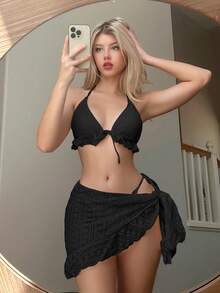 Swim Mod 3pcs Black Halter Triangle Cup Sexy Tropical Bikini Set For Women Summer Beach Party - Black - View 1