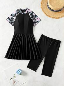 Swim Mulvari Women's Burkini Set, Printed, Non-Wired, Random Print (Purchased Copyright), Blue Flower Patterned Burkini Suit SummerArabic Clothing - Black - View 7