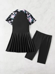Swim Mulvari Women's Burkini Set, Printed, Non-Wired, Random Print (Purchased Copyright), Blue Flower Patterned Burkini Suit SummerArabic Clothing - Black - View 4