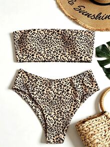 SHEIN Swim 夏季海灘豹紋抹胸高腰比基尼套裝 - 彩色 - 查看 1